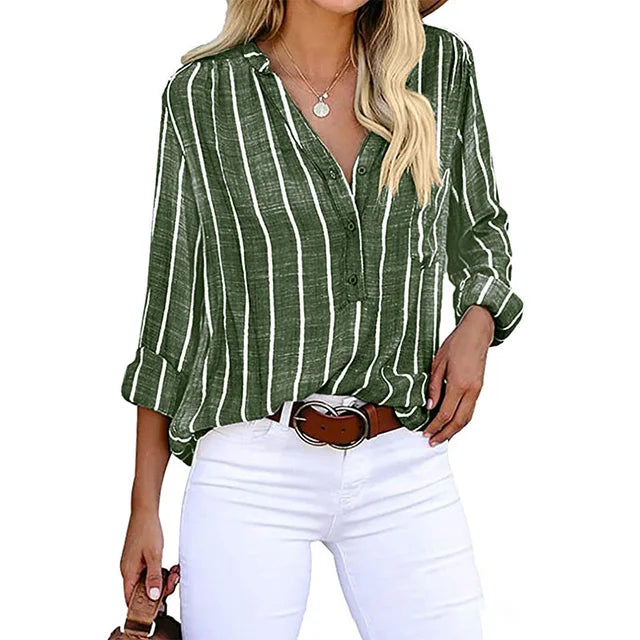 Women's Shirt - Button-Up - Loose Fit - Striped Shirt - Linen Blouse-Grace Aura