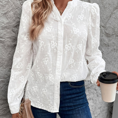 Women's Shirt - Embroidered - Long Sleeve - White Shirt - Button-Up Blouse-Grace Aura
