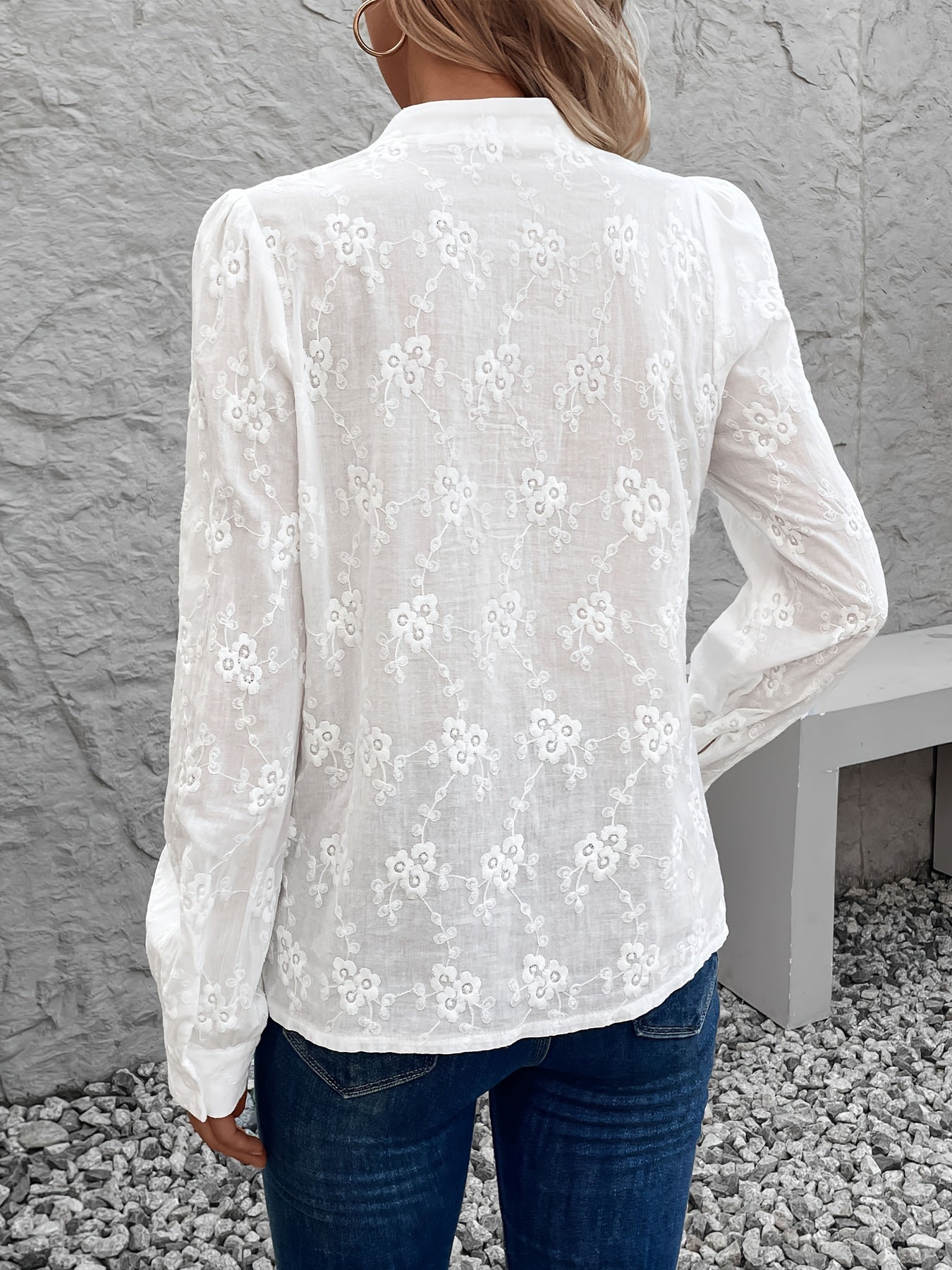 Women's Shirt - Embroidered - Long Sleeve - White Shirt - Button-Up Blouse-Grace Aura