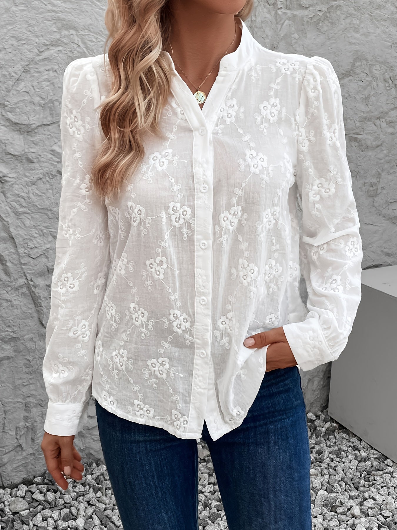 Women's Shirt - Embroidered - Long Sleeve - White Shirt - Button-Up Blouse-Grace Aura