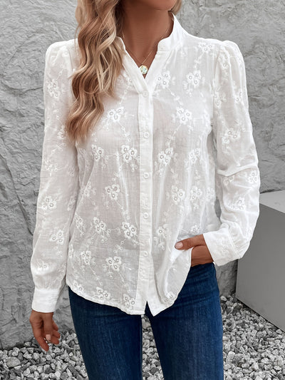 Women's Shirt - Embroidered - Long Sleeve - White Shirt - Button-Up Blouse-Grace Aura