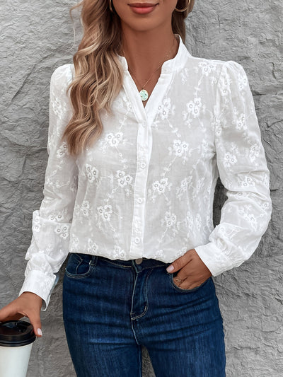 Women's Shirt - Embroidered - Long Sleeve - White Shirt - Button-Up Blouse-Grace Aura