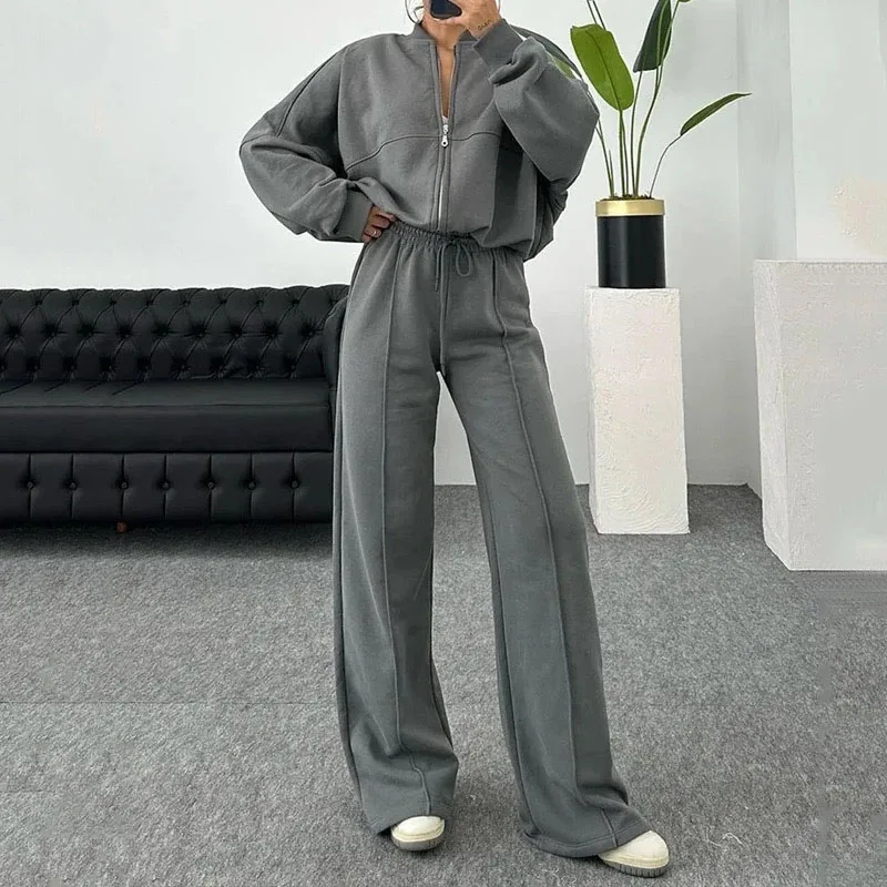 Women's Tracksuit - Zip-Up Sweatshirt and Wide Leg Joggers Two-Piece Set-Grace Aura