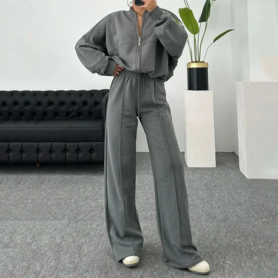 Women's Tracksuit - Zip-Up Sweatshirt and Wide Leg Joggers Two-Piece Set-Grace Aura