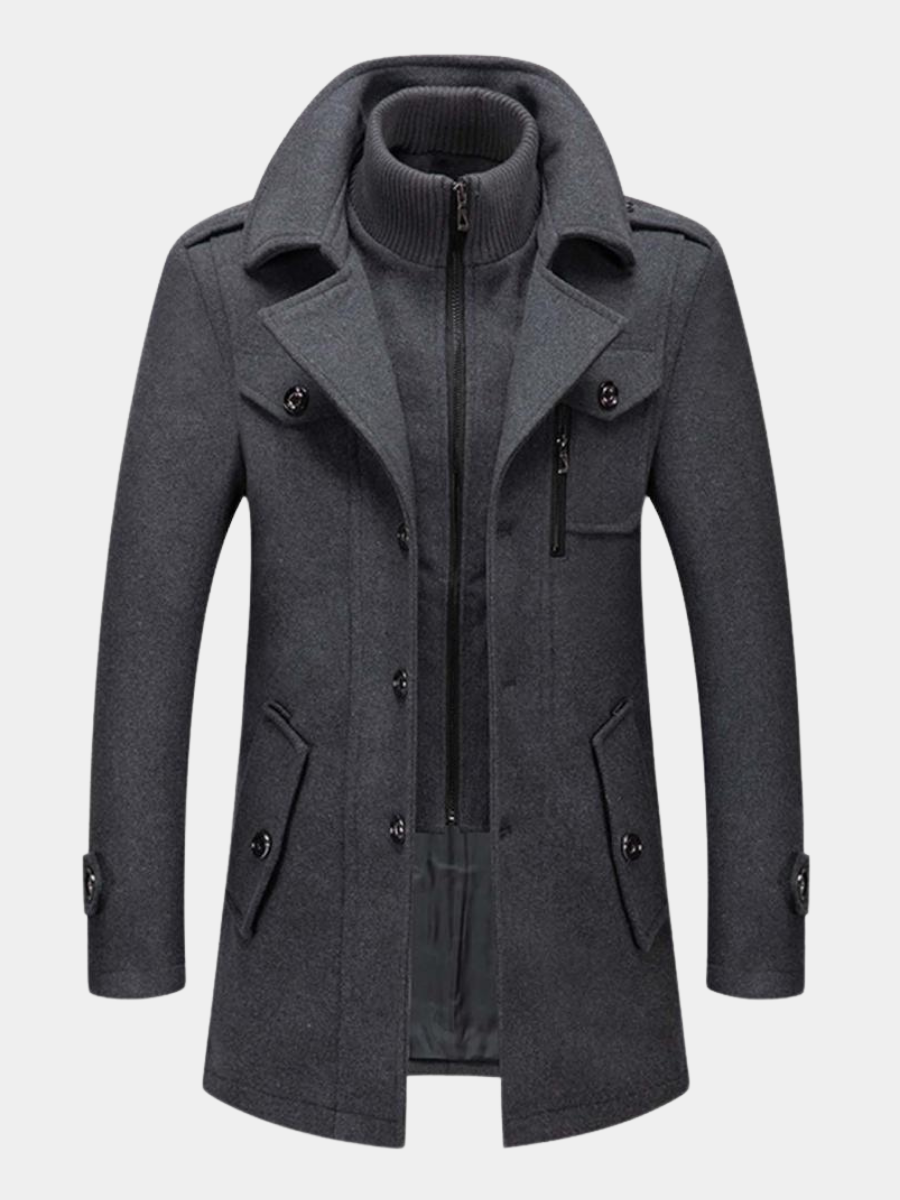 Wool Coat - Men's Mid Length Zip-Up Wool Jacket for Winter-Grace Aura