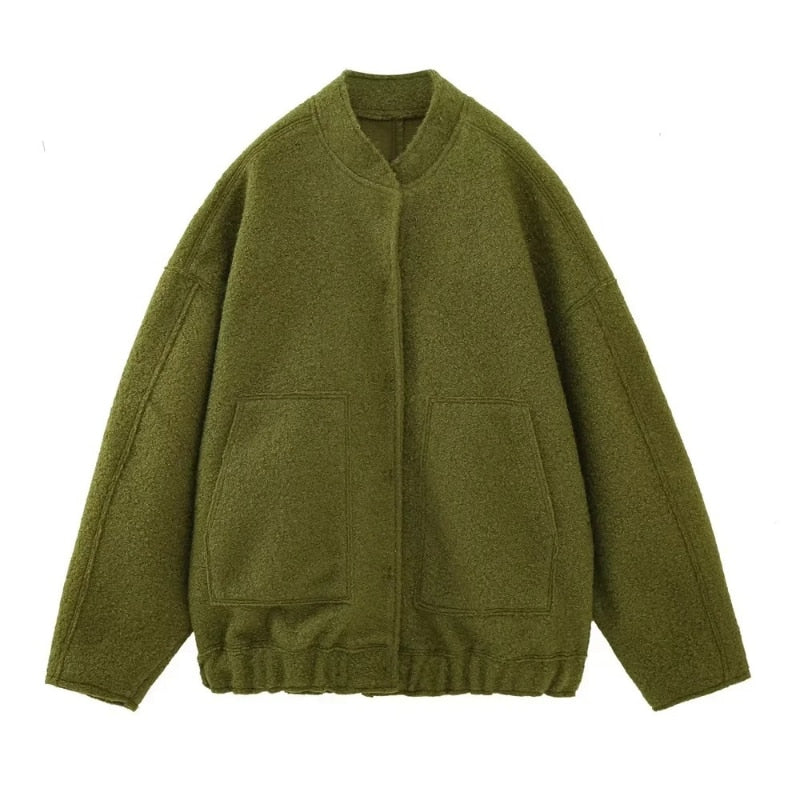 Wool Jacket - Button-Up - Short - Oversized Jacket - Winter Jacket Women-Grace Aura