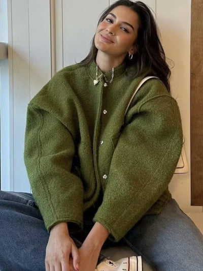 Wool Jacket - Button-Up - Short - Oversized Jacket - Winter Jacket Women-Grace Aura