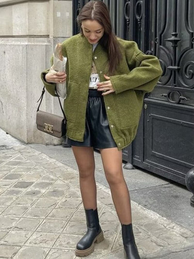 Wool Jacket - Button-Up - Short - Oversized Jacket - Winter Jacket Women-Grace Aura