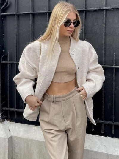 Wool Jacket - Button-Up - Short - Oversized Jacket - Winter Jacket Women-Grace Aura