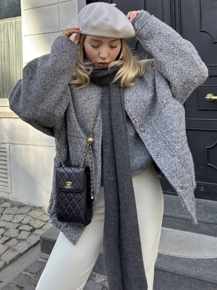 Wool Jacket - Button-Up - Short - Oversized Jacket - Winter Jacket Women-Grace Aura