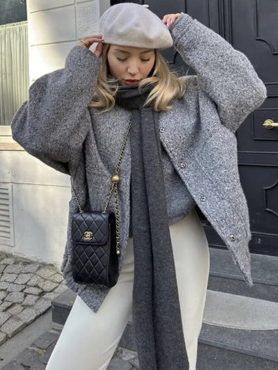 Wool Jacket - Button-Up - Short - Oversized Jacket - Winter Jacket Women-Grace Aura