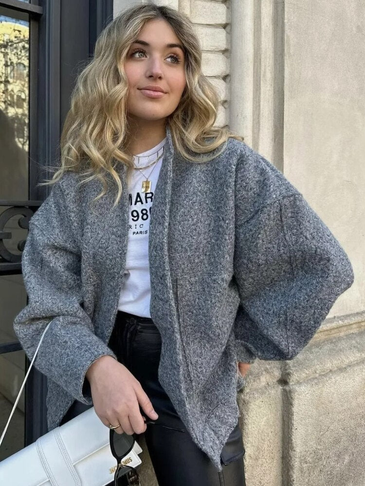 Wool Jacket - Button-Up - Short - Oversized Jacket - Winter Jacket Women-Grace Aura
