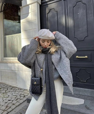 Wool Jacket - Button-Up - Short - Oversized Jacket - Winter Jacket Women-Grace Aura