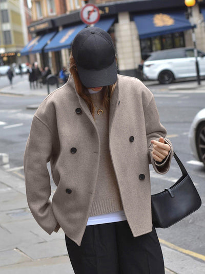 Wool Jacket | Double Breasted | Oversized | Short Wool Trench | Women's Jacket-Grace Aura