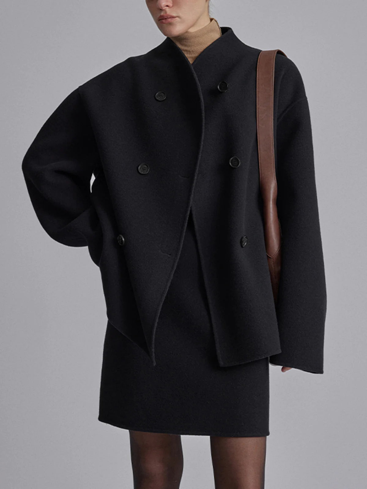 Wool Jacket | Double Breasted | Oversized | Short Wool Trench | Women's Jacket-Grace Aura