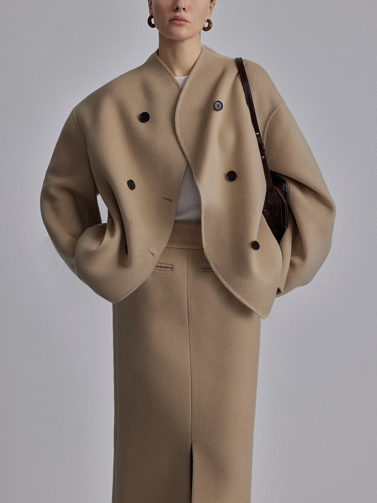 Wool Jacket | Double Breasted | Oversized | Short Wool Trench | Women's Jacket-Grace Aura