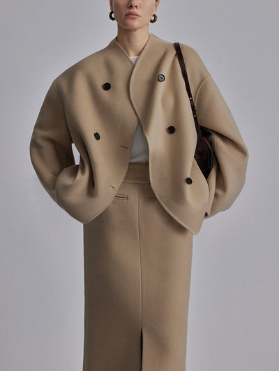 Wool Jacket | Double Breasted | Oversized | Short Wool Trench | Women's Jacket-Grace Aura
