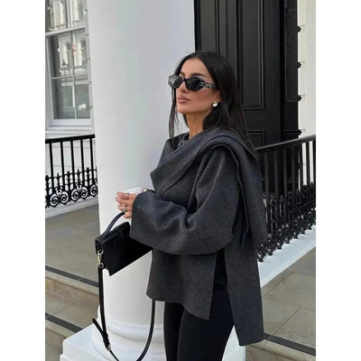 Wool Jacket - Short - Autumn - Jacket with Scarf - Women's Jackets-Grace Aura