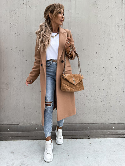 Wool Trench Coat - Women's Long Double Breasted Wool Blend Coat-Grace Aura