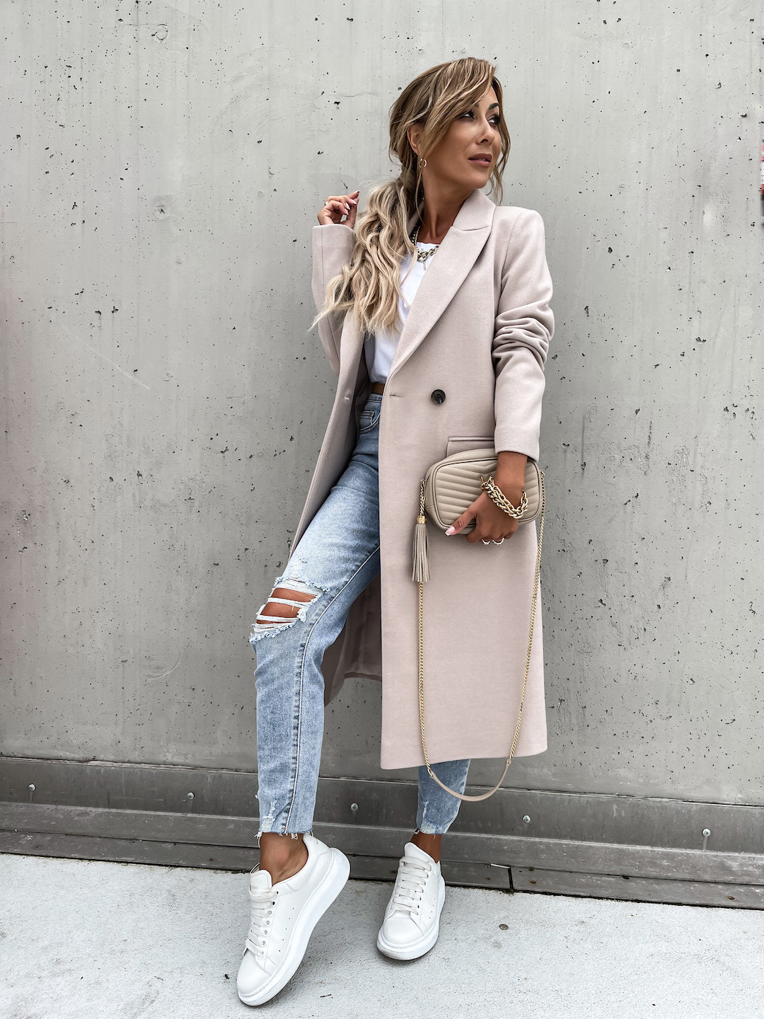 Wool Trench Coat - Women's Long Double Breasted Wool Blend Coat-Grace Aura
