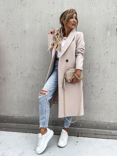 Wool Trench Coat - Women's Long Double Breasted Wool Blend Coat-Grace Aura