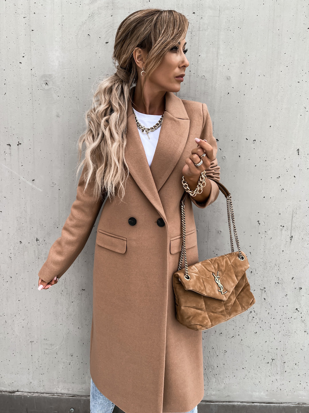 Wool Trench Coat - Women's Long Double Breasted Wool Blend Coat-Grace Aura