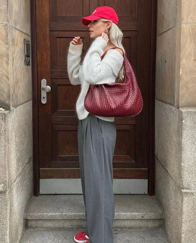 Woven Bag - Leatherette - Zipper - Shoulder Bag - Women's Bags-Grace Aura