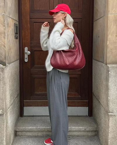 Woven Leather Handbag - Women's Vegan Leather Shoulder Tote Bag-Grace Aura