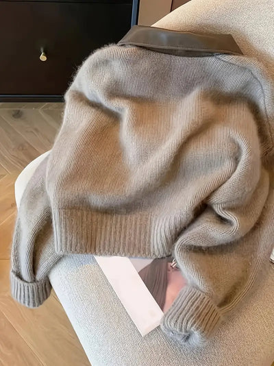 Zip-Up Cardigan | Light Brown | Collared | Knitted Cardigan | Women's Cardigan-Grace Aura