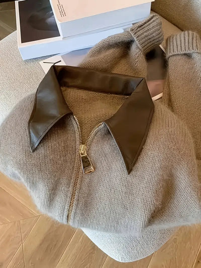 Zip-Up Cardigan | Light Brown | Collared | Knitted Cardigan | Women's Cardigan-Grace Aura