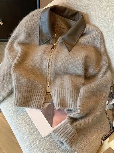 Zip-Up Cardigan | Light Brown | Collared | Knitted Cardigan | Women's Cardigan-Grace Aura