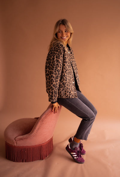 Leopard Jacket - Women's Oversized Bomber Jacket with Leopard Print 